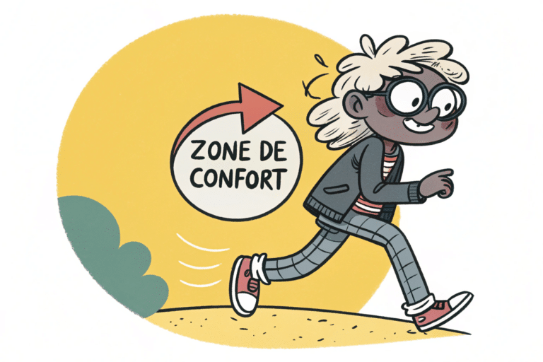 Un petit personnage sort de sa zone de confort et a l'air heureux