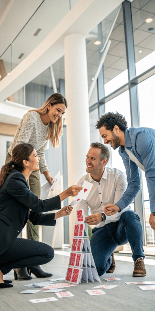Un groupe de collègues en train de faire un chateau de cartes dans une activité de teambuilding