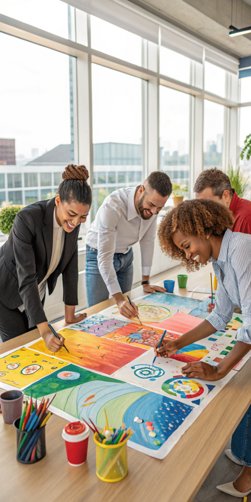 Un groupe de collègues en train de faire une fresque dans une activité de teambuilding