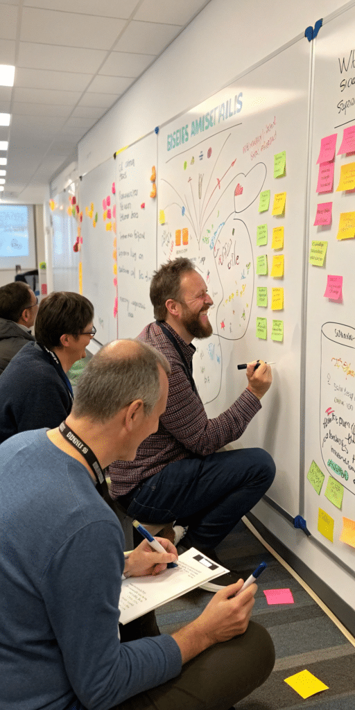 Un groupe de collègues en train de faire un tableau collaboratif d'idées dans une activité de teambuilding